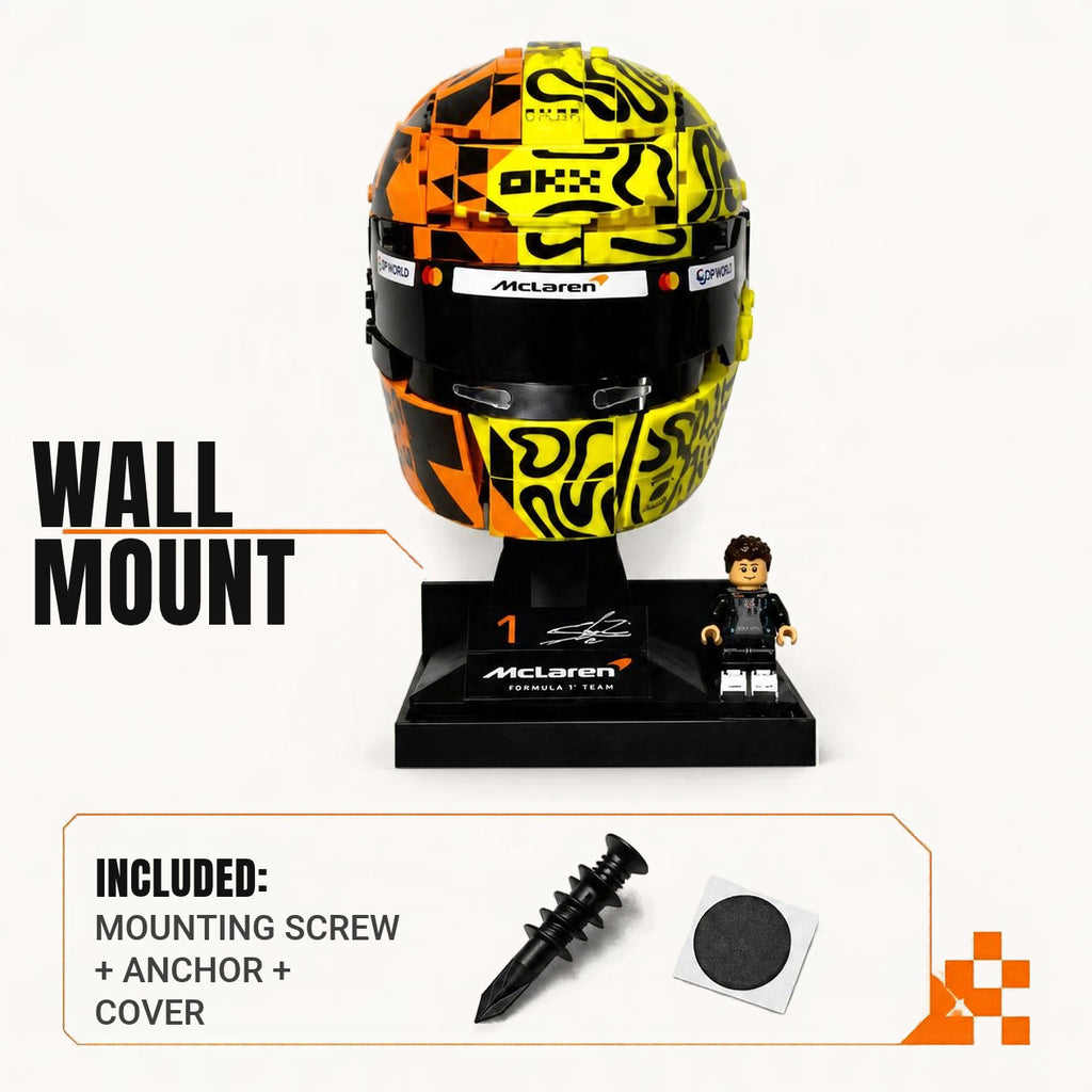 LEGO Speed Champions F1 helmet on a black display stand with wall mount, screw, anchor and cover included