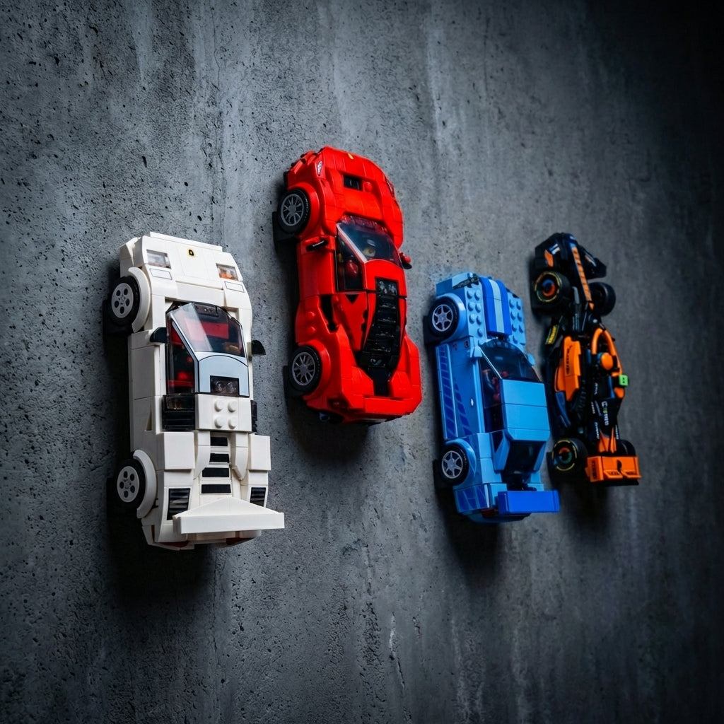 lego speed champions collection displayed on wall mounts