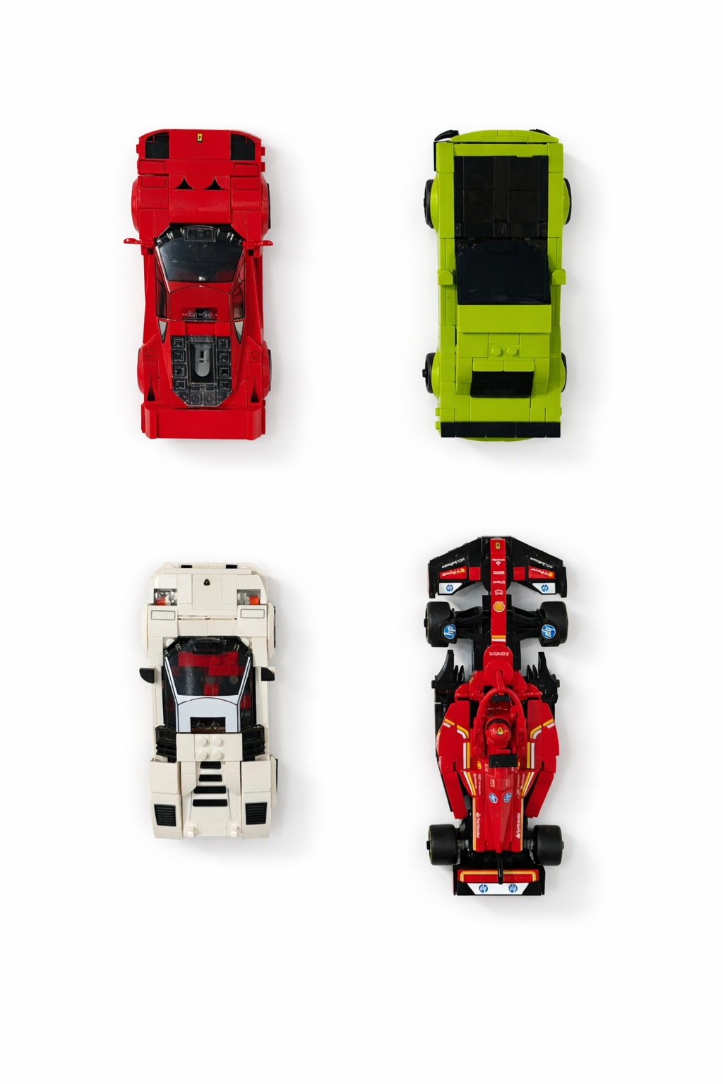 Four Speed Champions cars in a grid including an F1 car on white background