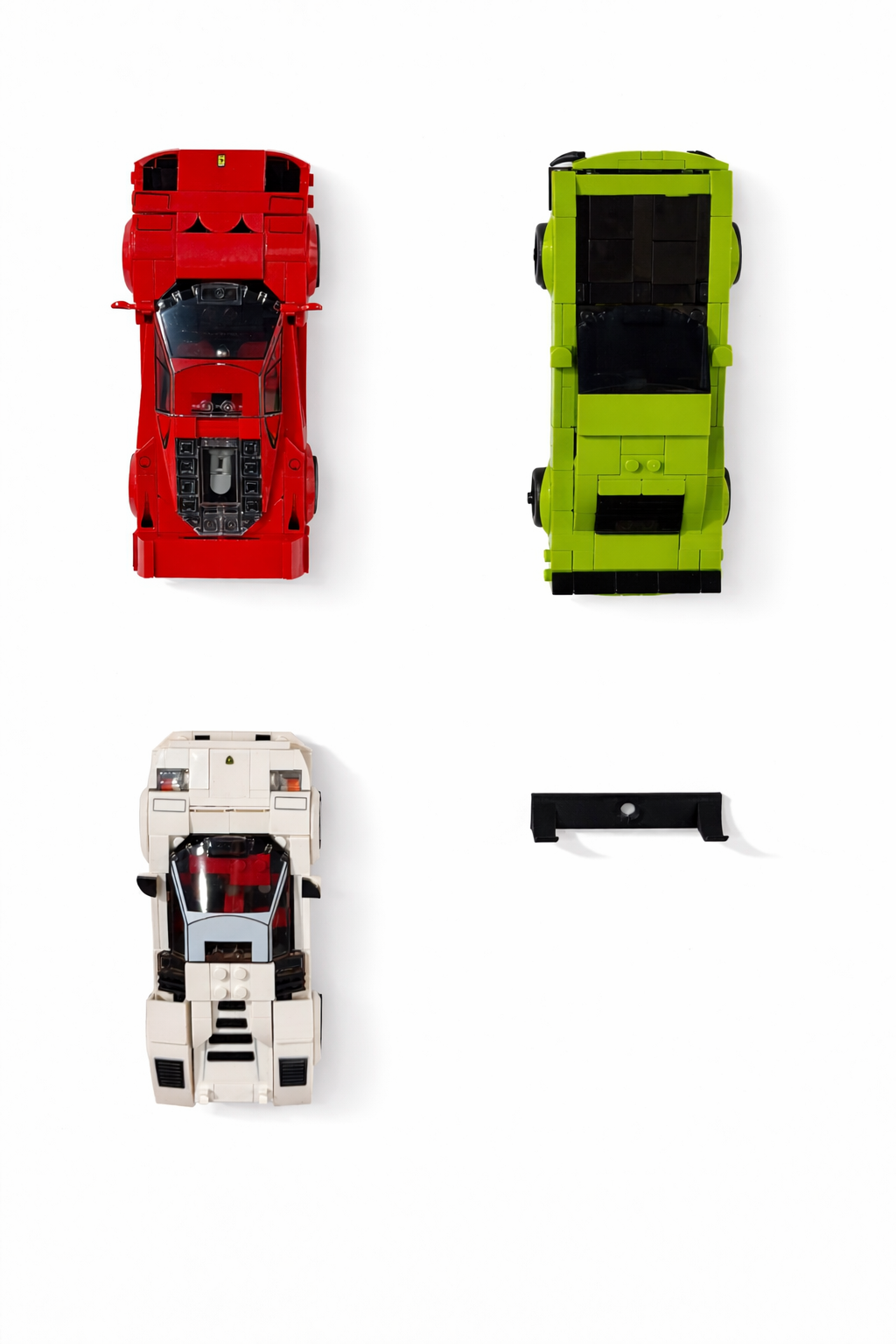 Speed Champions cars and black wall mount bracket on white background