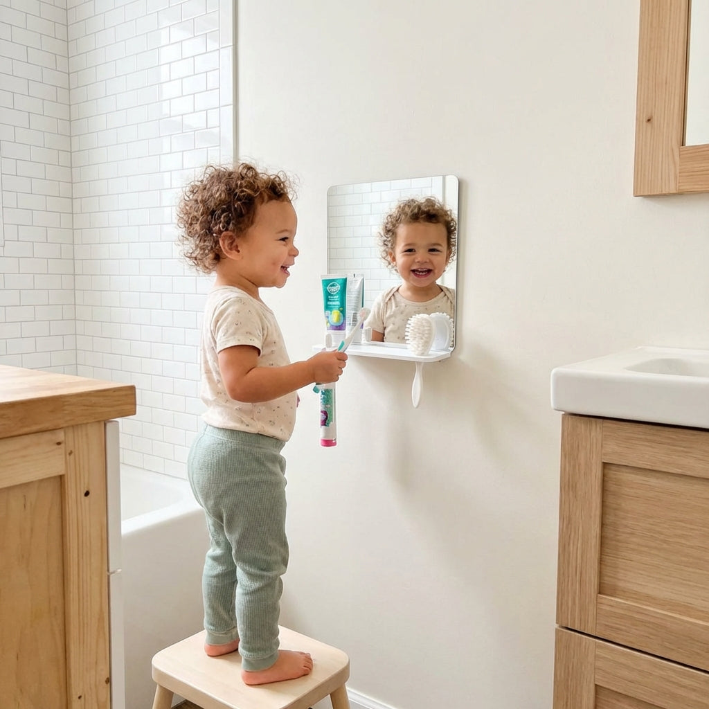 Montessori Toddler Self-Care Station: Kid's Bathroom Organizer with Mirror
