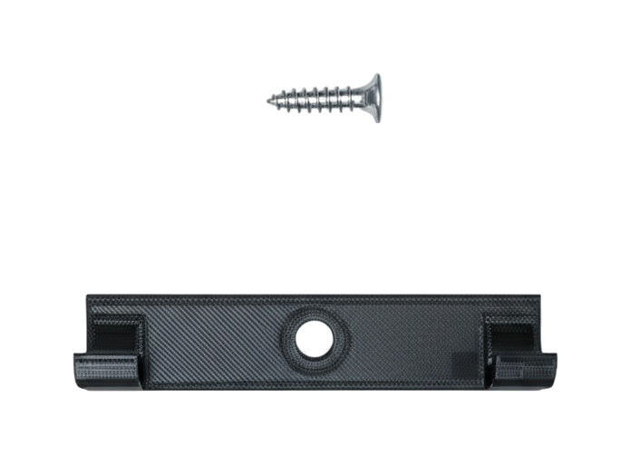 Black 3D-printed Speed Champions wall mount bracket with mounting screw on white background