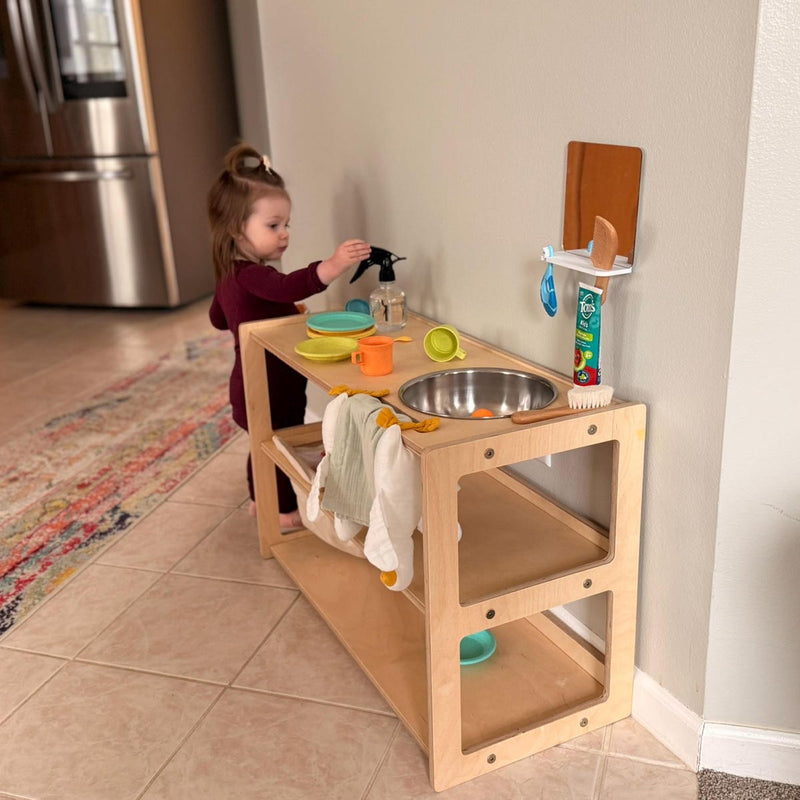 Etsy review photo: Montessori bathroom organizer with mirror (Taylor)